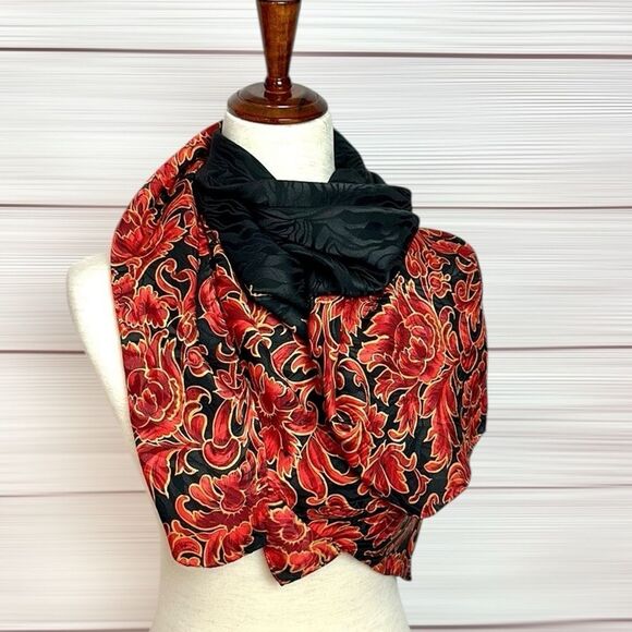 Jeannene Booher Silk Jacquard Scarf Black Red Gold Paisley Floral Hand Rolled - Picture 7 of 14